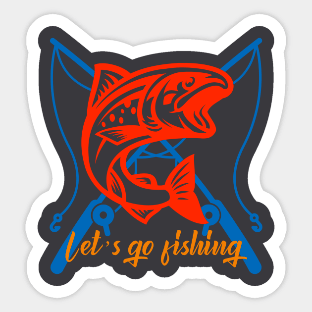 Let's Go Fishing (red cartoon fish and rods) Sticker by PersianFMts